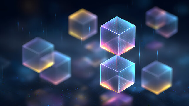 AI cloud computing concept with floating server cubes, glowing edges, abstract tech background.