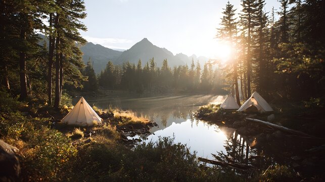 Serene wilderness campsite nestled beside a misty mountain lake at sunrise