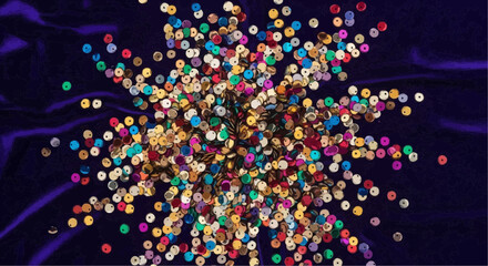 A scattered array of colorful sequins on a dark textured surface creating a vibrant and festive display