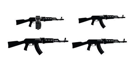 Four black silhouettes of ak 47 style assault rifles displayed on white background