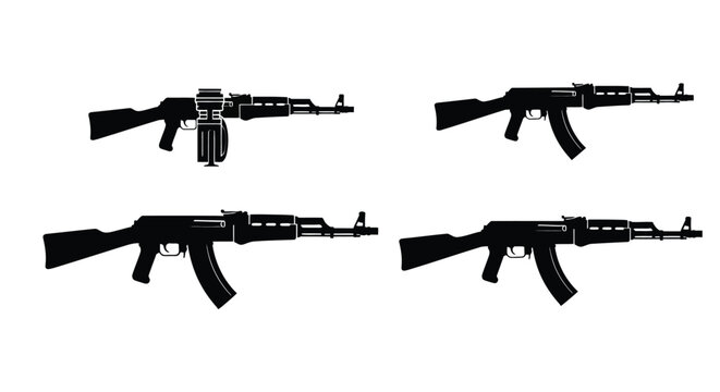Four black silhouettes of ak 47 style assault rifles displayed on white background