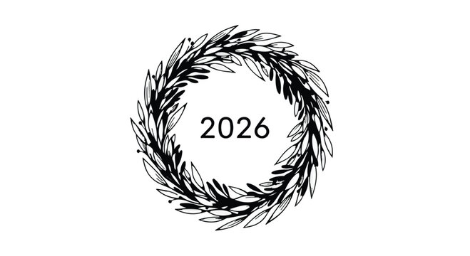 A wreath of leaves encircling the year two thousand and twenty six on a white background simple design