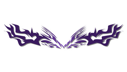 Symmetrical purple tribal tattoo design with abstract wings and hearts.