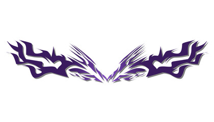 Symmetrical purple tribal tattoo design with wings and hearts.