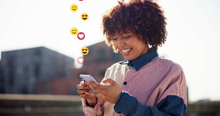 Happy woman, phone and reaction with emoji in city, laugh and texting with funny chat, meme or icon. African person, smartphone and smile with sign, symbol or mobile app on social media in urban town