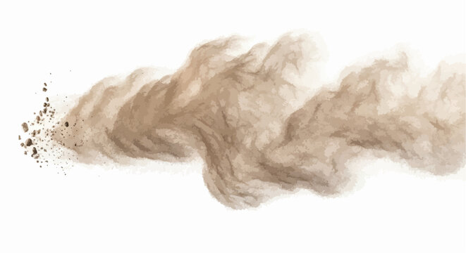 A plume of dust and debris with small rocks dispersing into a cloud like formation on white background