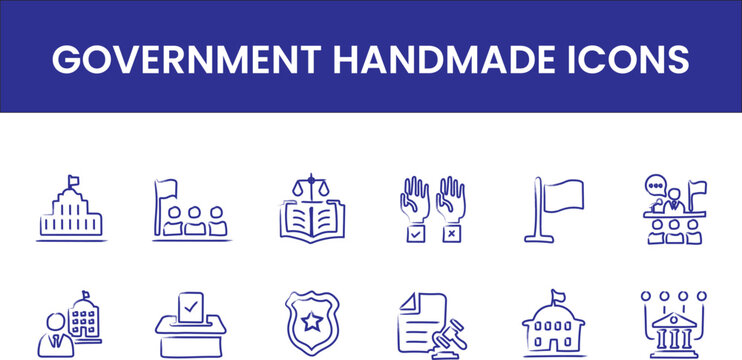 Government Icons – Handmade Blue Line Art Set for Civic and Legal Themes