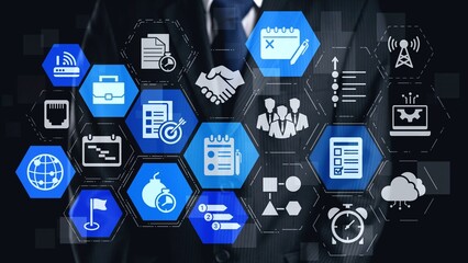 Concept of task management optimizes business efficiency. This system streamlines workflows,...