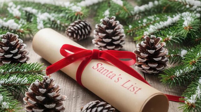 Santa's list on a rolled parchment scroll with a red ribbon. Festive Christmas decoration with snow-dusted pine cones and fir branches on a rustic wooden background.