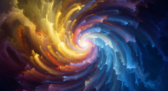 Abstract swirl of vibrant colors converging towards a central bright light source in a dynamic pattern