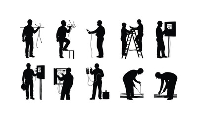 Silhouette of an electrician meticulously fixing electrical wires with tools isolated on white background