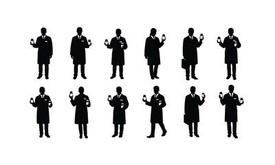 Collection of pharmacist characters in silhouette style holding medicine bottles isolated on white background representing healthcare and pharmacy services