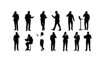 Collection of diverse office worker silhouettes engaged in phone conversations isolated on white background