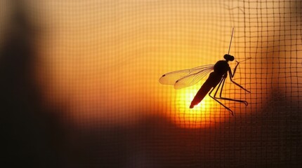 Obraz premium A delicate crane fly rests on a window screen silhouetted against a soft warm sunset 
