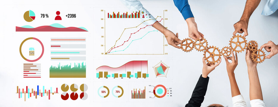Diverse hands connect gears while surrounded by various data visualizations, symbolizing teamwork, strategy, and analytics in a business environment. Axiom