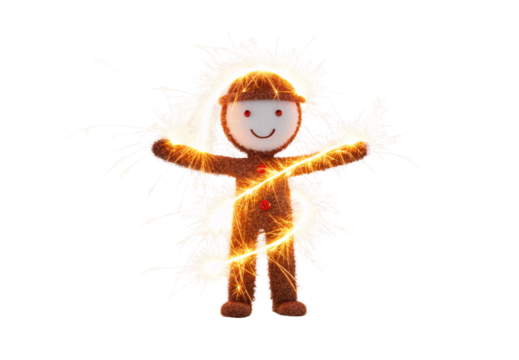 Glowing gingerbread figure with sparkle lights effect, isolated on a transparent background