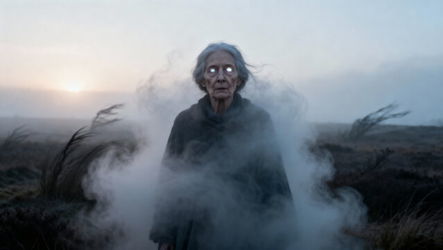 An eerie elderly woman with glowing white eyes stands in a mysterious fog. A supernatural, ghostly figure for horror and fantasy concepts.