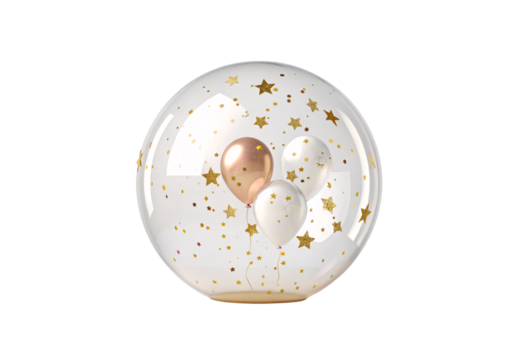 Snow globe with balloons and golden stars inside, isolated on a transparent background