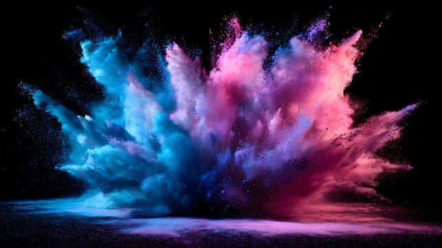 Vibrant blue and magenta dust explosion creates dynamic cloud formation against absolute black background