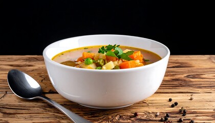 Hearty Vegetable Soup in White Bowl.