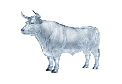 Metallic silver bull sculpture with polished chrome finish, isolated on a transparent background