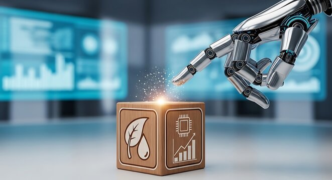 Robotic hand touching a cube with icons representing sustainability and technology, symbolizing the future of ecofriendly innovation and ai integration