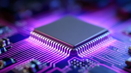 Close up view illuminates a central processing unit glowing with vibrant purple light on a circuit board