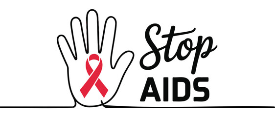 Stop AIDS awareness vector illustration red ribbon on hand for health campaigns and social media