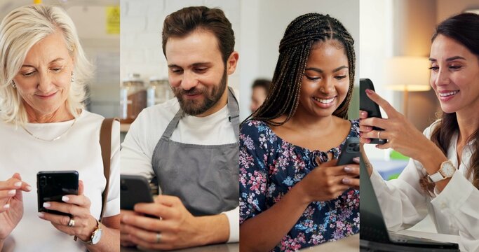 Happy people, business or typing with phone in collage for social media, communication or network. Group, community or connection with smile on mobile smartphone for online connectivity or global app - Powered by Adobe