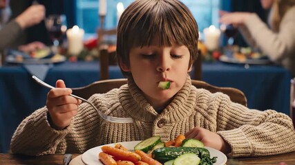 Young boy reluctantly eating vegetable at dinner table during family meal, showing dislike for healthy food and picky eating habits happy thanksgiving