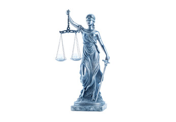 Obraz premium Lady Justice statue holding scales and sword, classical legal symbol, isolated on a transparent background