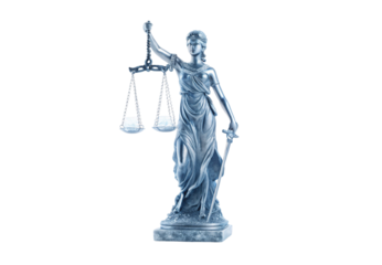 Lady Justice statue holding scales and sword, classical legal symbol, isolated on a transparent background