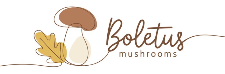 Bolete mushroom logo design continuous line art with oak leaf vector illustration for branding and packagin © Shahid3383