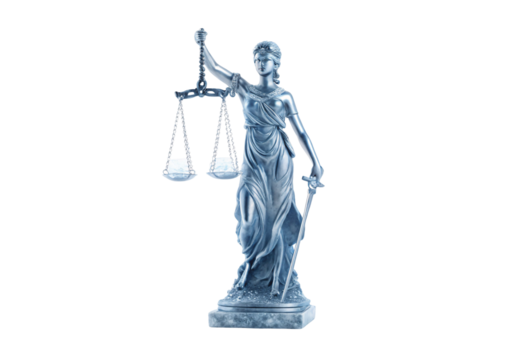 Lady Justice statue holding scales and sword, classical legal symbol, isolated on a transparent background