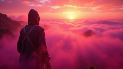 Obraz premium A solitary figure in a dark hood looks towards a dramatic hazy sunset glow through atmospheric mist 