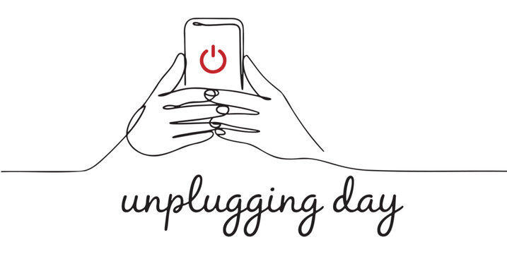 Continuous line drawing of hands holding a phone with power button unplugging day concept vector illustrati