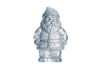 Clear glass Santa ornament with silvery frost details and belt, isolated on a transparent background