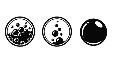 Three black and white circular illustrations depicting bubbles or spheres