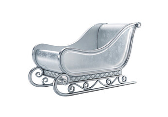 Elegant silver metallic sleigh with ornate scrollwork and curved runners, isolated on a transparent background