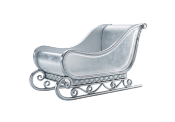 Elegant silver metallic sleigh with ornate scrollwork and curved runners, isolated on a transparent background