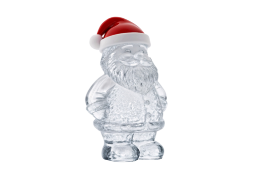 Glass Santa figurine with red hat holding heart decoration, isolated on a transparent background