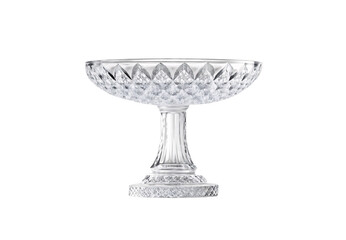 Elegant crystal pedestal bowl with diamond-cut pattern and ornamental base, isolated on a transparent background