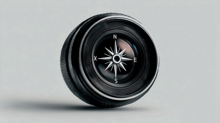 A camera lens with the pointing arrow of its compass in the front, creating an artistic representation on a white background