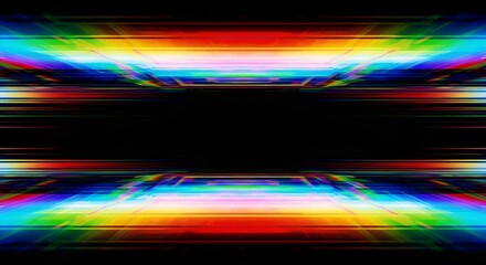 Abstract digital glitch art with vibrant rainbow spectrum light streaks and dark center