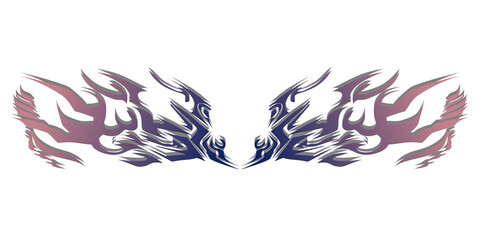 Symmetrical abstract fiery wings graphic with a purple and pink gradient isolated on a white background.