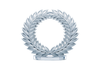 Freestanding crystal laurel wreath award on clear display base, isolated on a transparent background