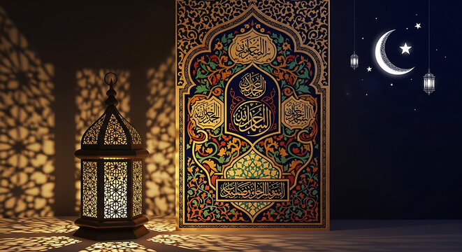 Ornate lantern casting shadows beside a decorative islamic art piece with crescent moon and stars above