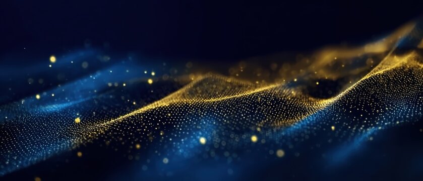 Abstract background with dark blue and gold particles, Christmas golden light shine particles bokeh on navy blue background, gold foil texture, holiday concept.
