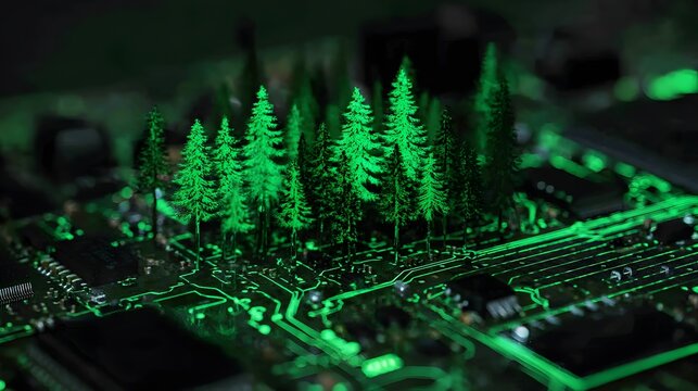 Miniature glowing coniferous forest grows from a dark electronic circuit board