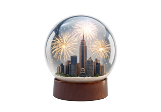 City skyline snow globe with fireworks display, isolated on a transparent background - Powered by Adobe